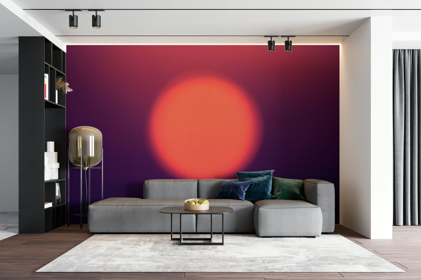 A calming abstract sphere mural in an orange gradient wallpaper.

