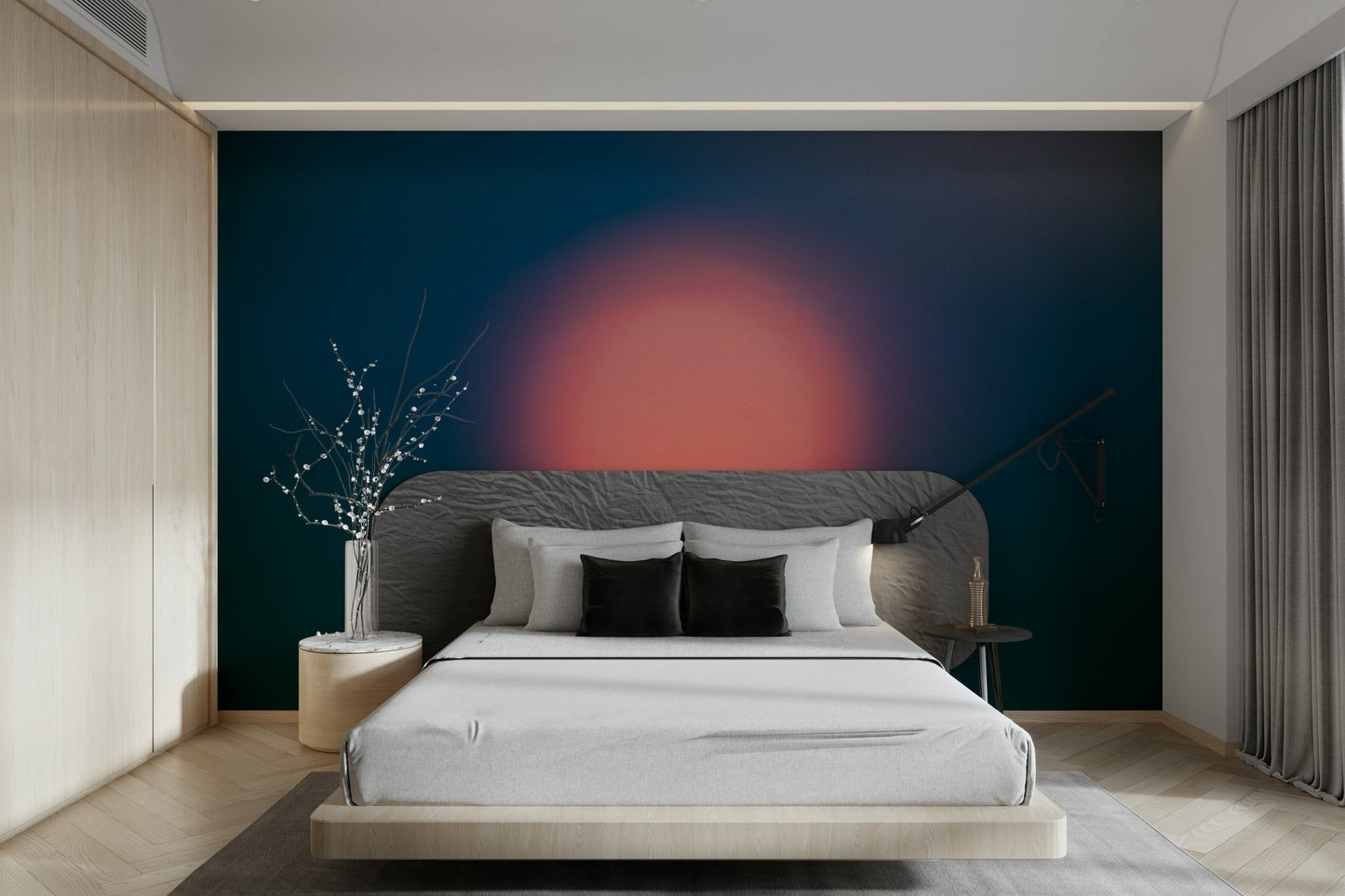 A peaceful abstract orb mural on decorative wallpaper.

