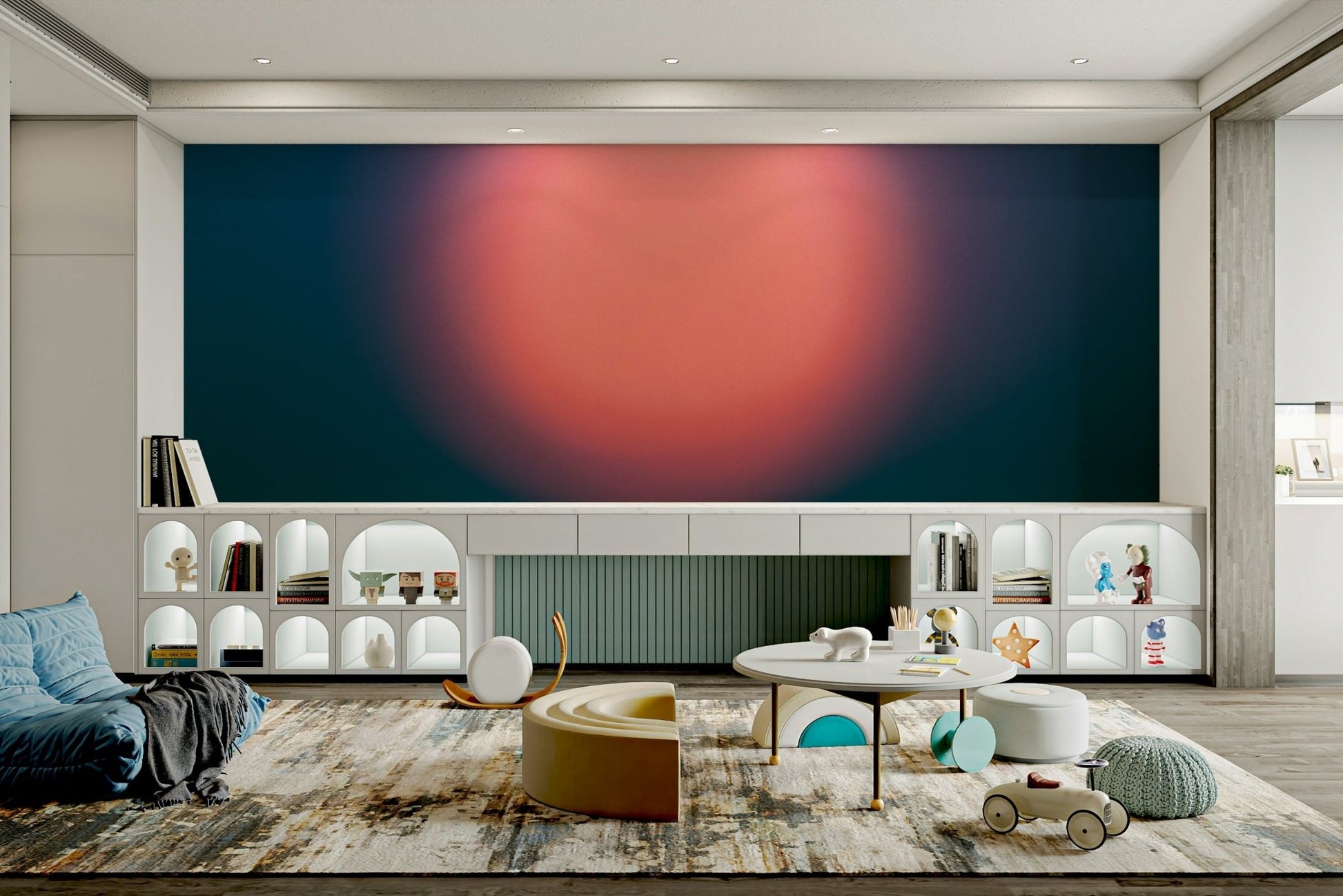 A contemplative sunset art wall mural in subtle tones.

