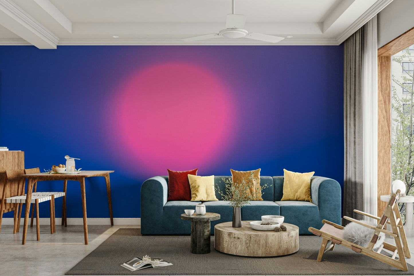 A beautiful abstract pink sun wallpaper mural for a serene room.

