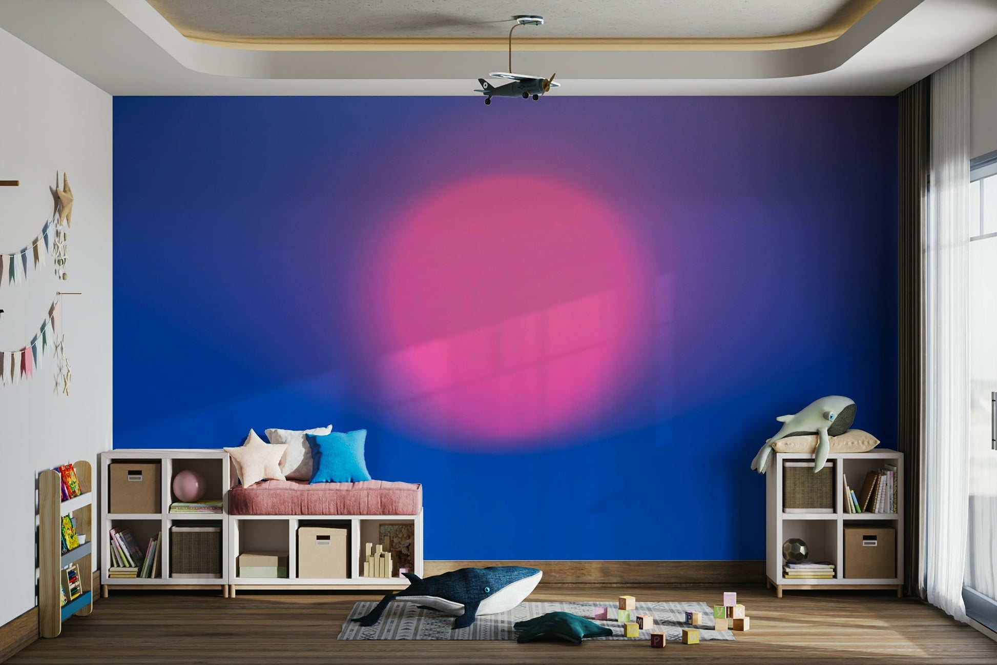 An artistic abstract sun mural on minimalist wallpaper.

