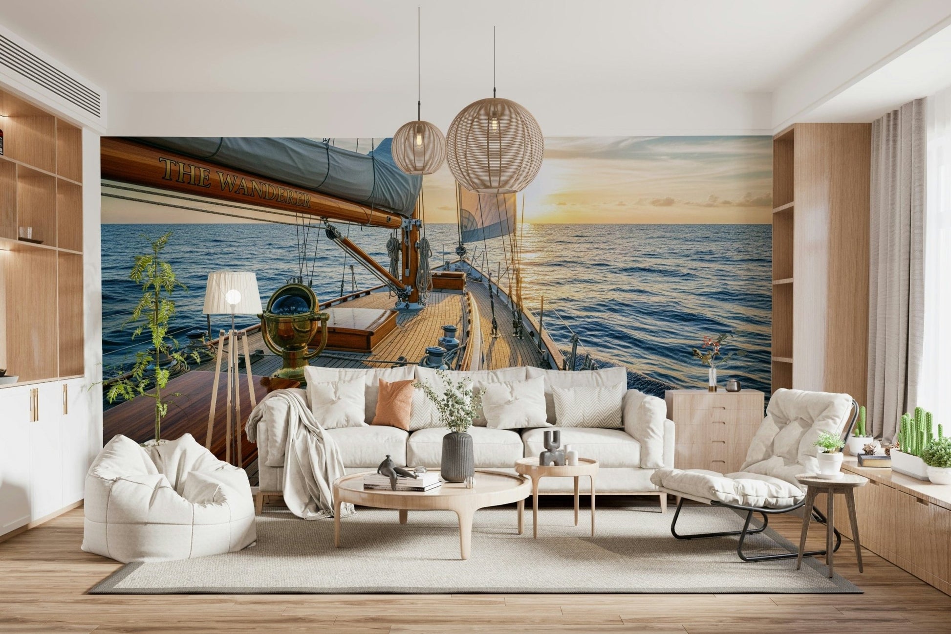 Nautical sailing wallpaper with blue and white tones for a bedroom wall mural.