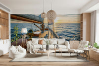 Nautical sailing wallpaper with blue and white tones for a bedroom wall mural.