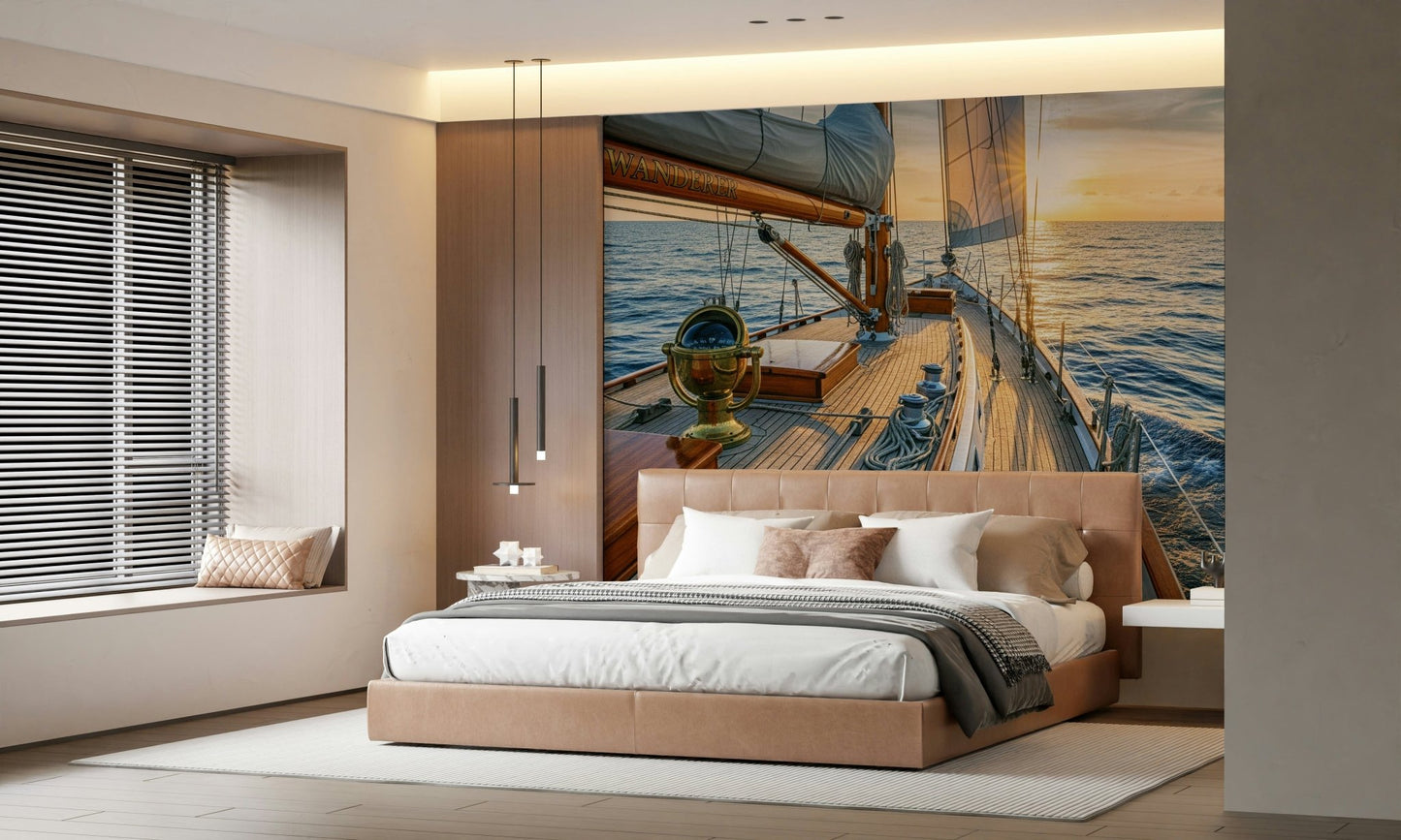 Elegant boat illustration wallpaper for a sophisticated apartment wall mural.