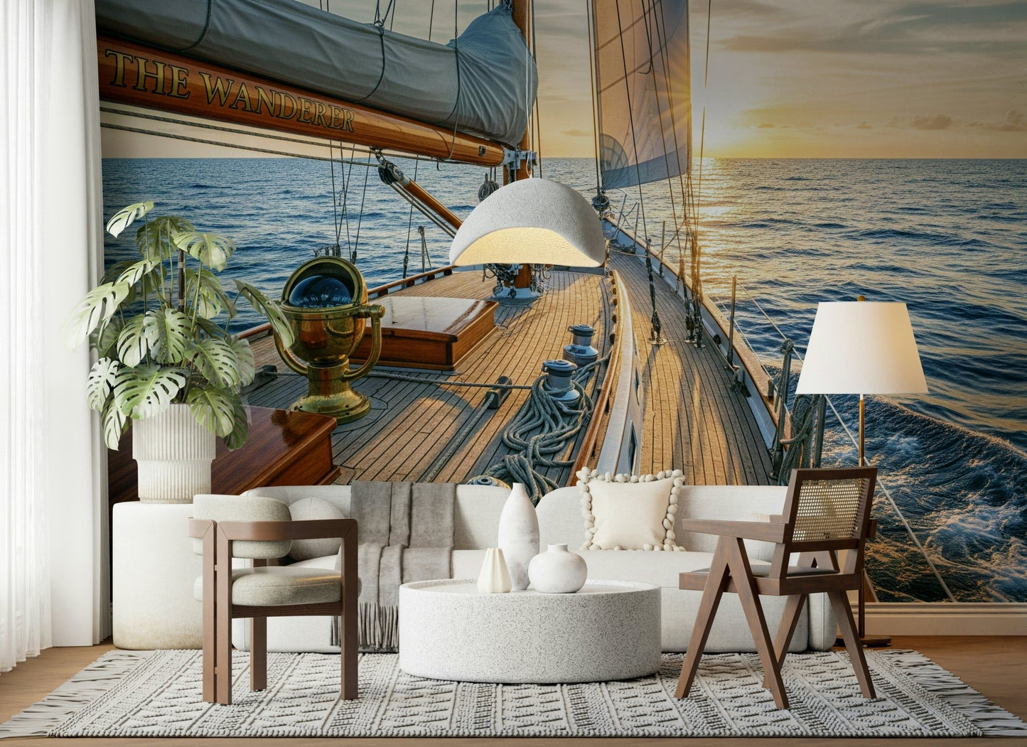 A Mariner's Dream Wall Mural in a dining area with seaside decor wallpaper.