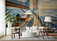 A Mariner's Dream Wall Mural in a dining area with seaside decor wallpaper.