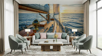 A Mariner's Dream Wall Mural behind a navy blue sofa in a lounge wallpaper.