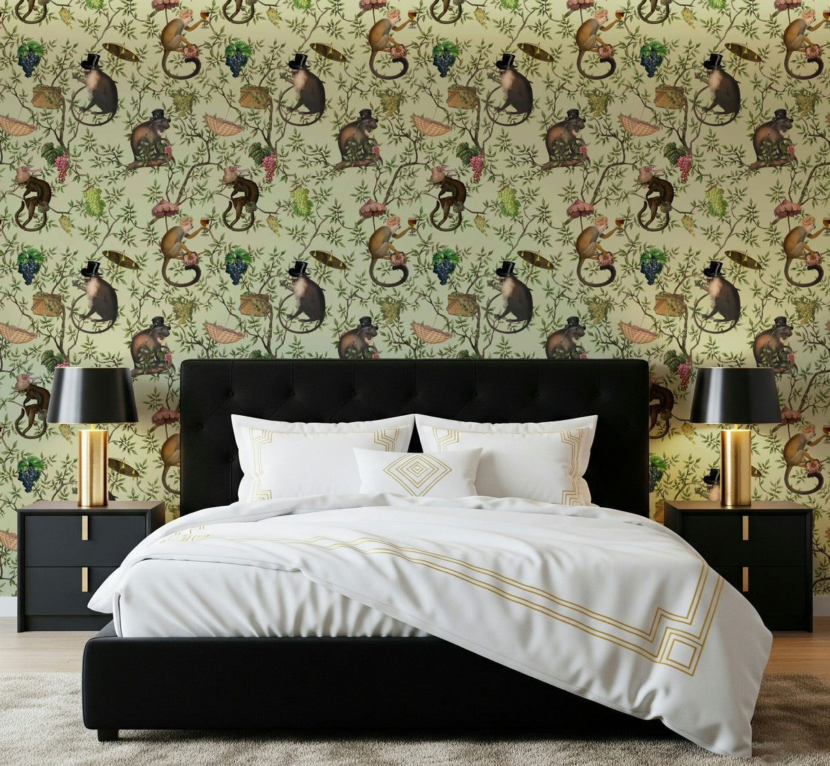 Bedroom setting featuring A Primate's Afternoon Tea wallpaper with leafy vines, GD1421