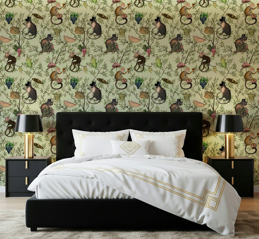 Bedroom setting featuring A Primate's Afternoon Tea wallpaper with leafy vines