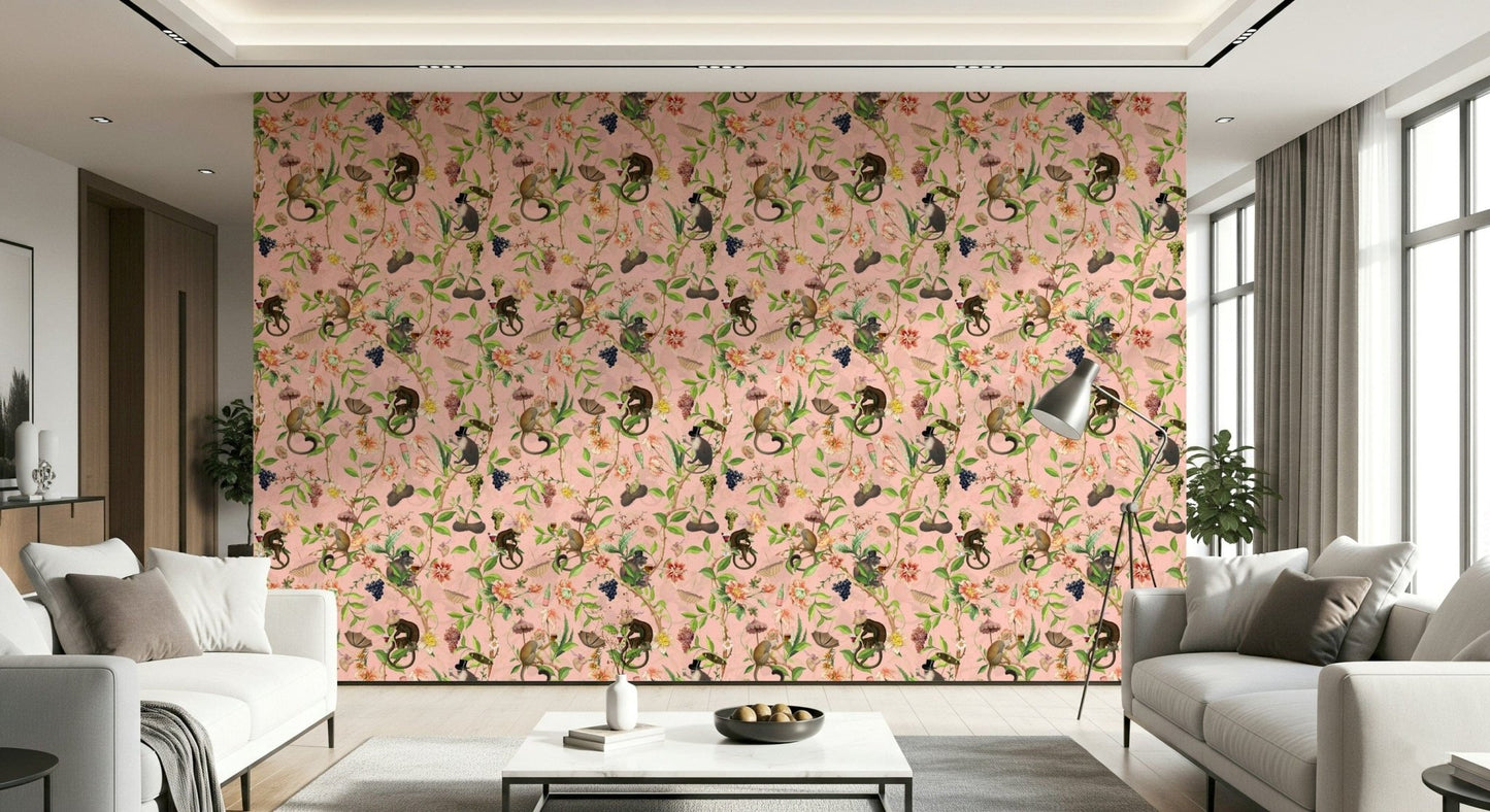 Nature themed wallpaper capturing monkeys swinging through a dense canopy., GD1459
