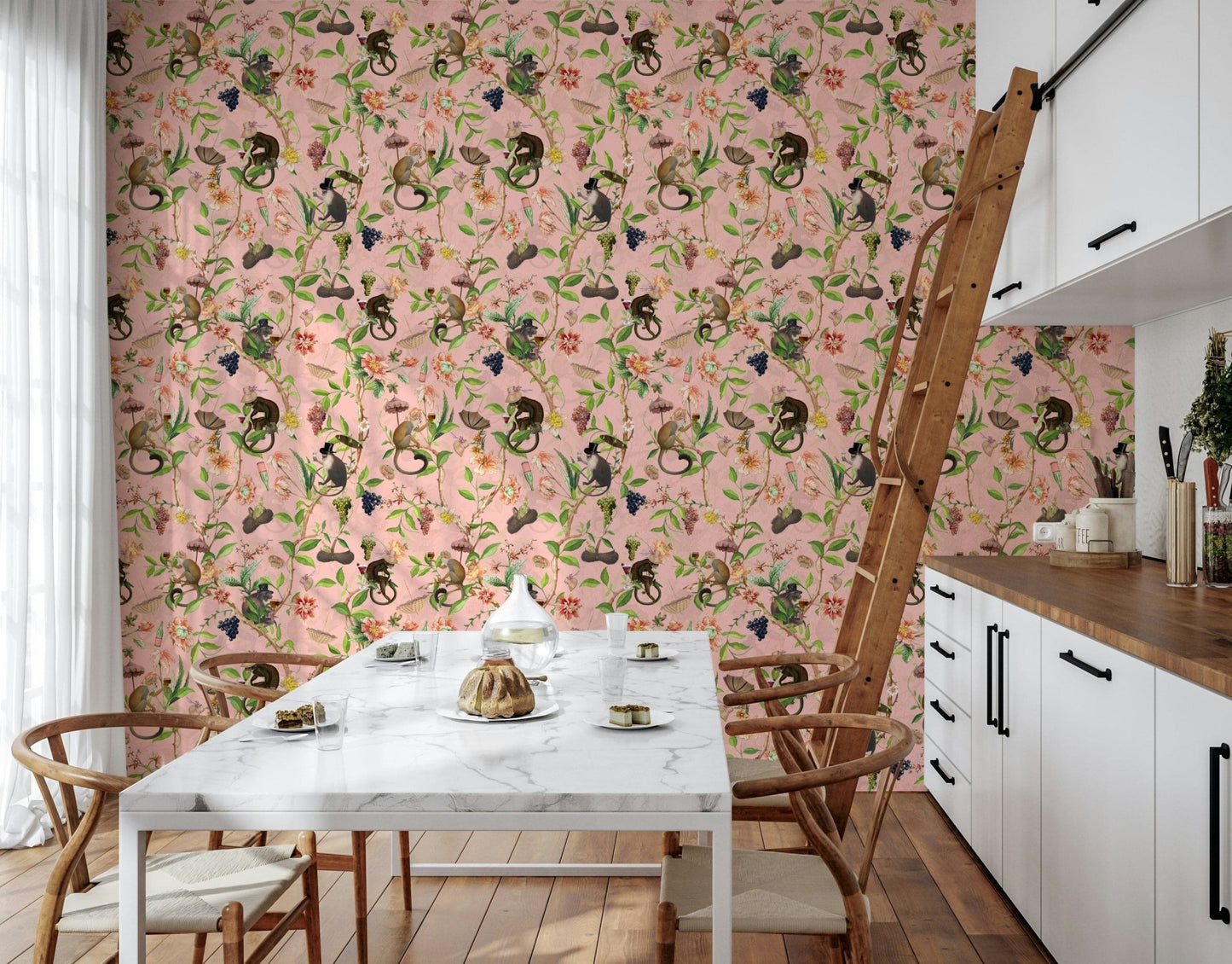 Lush green landscape wall mural with pops of exotic floral colours., GD1459