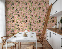 Lush green landscape wall mural with pops of exotic floral colours., GD1459