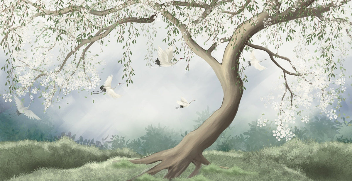 Peel & Stick Foggy Tree in Forest Wallpaper in your room — zoomed