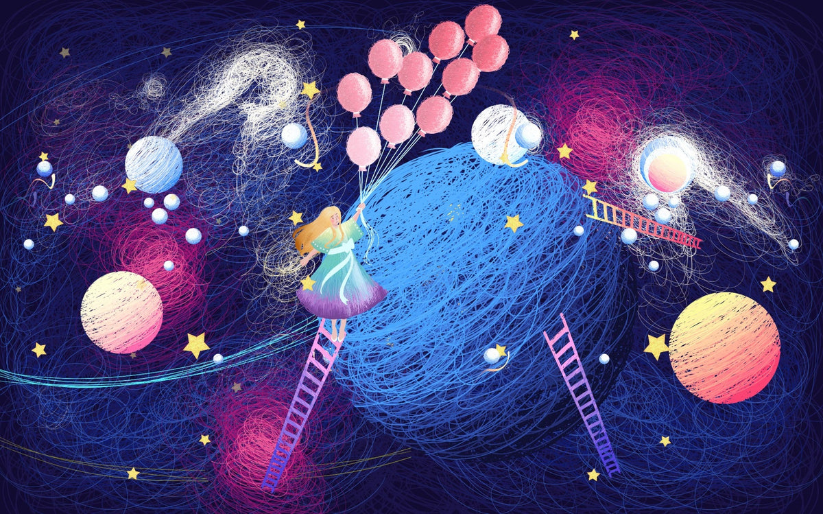 Girl on the Planet with Flying Balloons Wallpaper