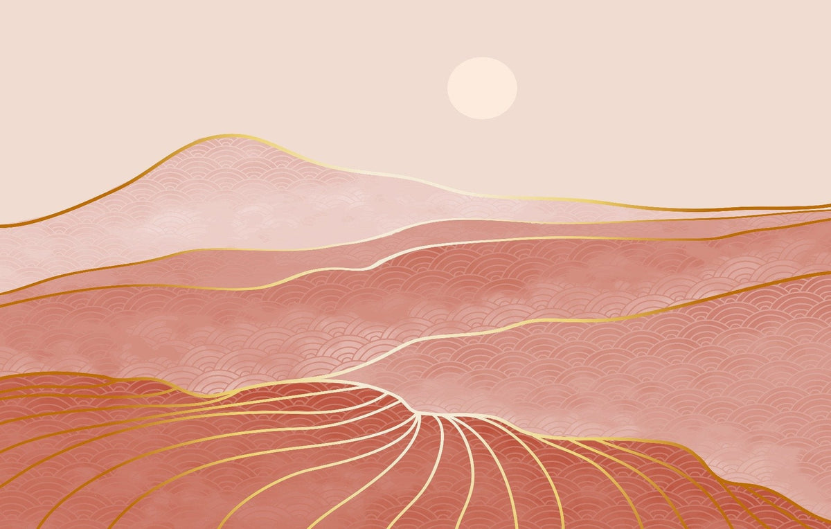 Designer Pink & Gold Mountain Wallpaper Murals in your room — zoomed