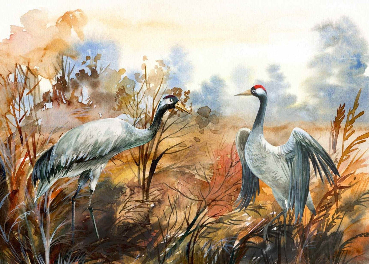 Autumn landscape & crane birds watercolor wallpaper in your room — zoomed
