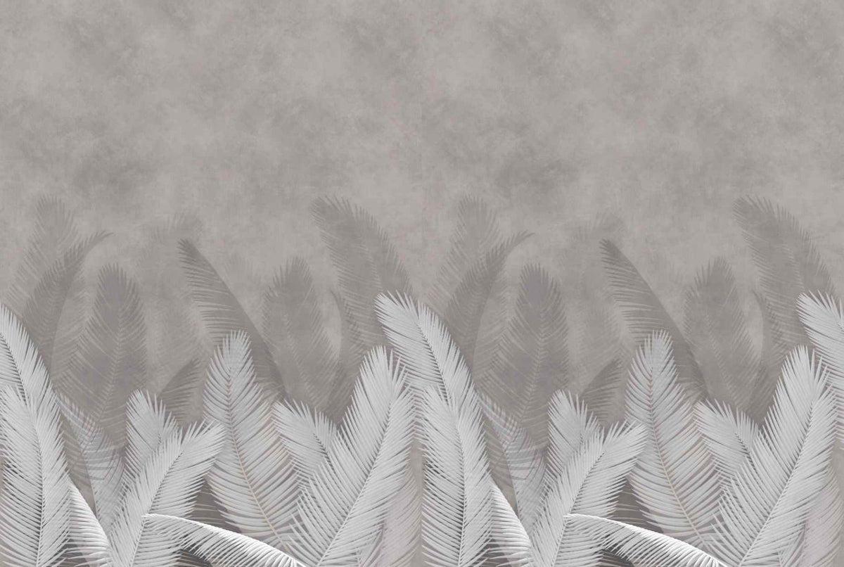 Palm leaves with gray color wallpaper in your room — zoomed