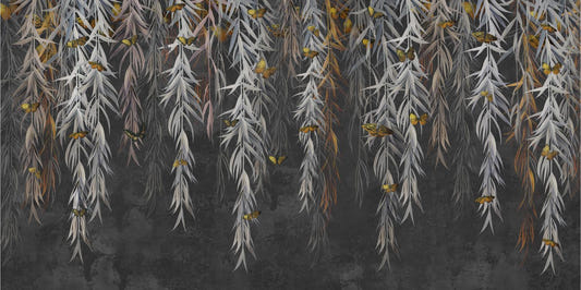 Hanging Willow Leaves and Butterflies Wallpaper Mural
