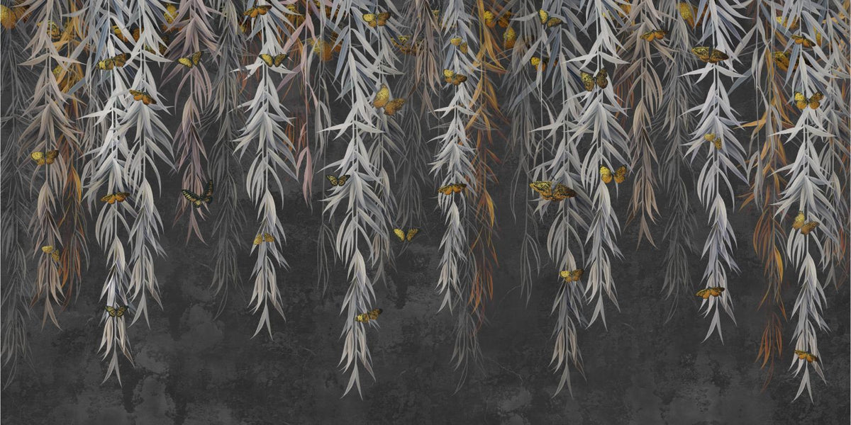 Hanging Willow Leaves and Butterflies Wallpaper Mural