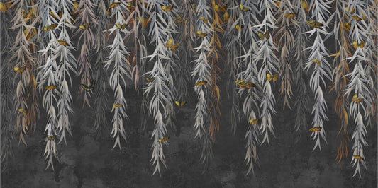 Hanging Willow Leaves and Butterflies Wallpaper Mural