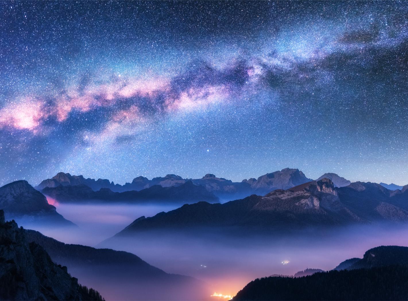 Blue Milky Way Foggy Hills Stars Wallpaper Mural