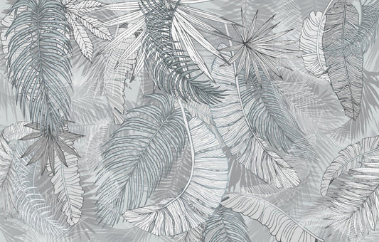Grey & White Charcoal Leafy Illustrated Wallpaper Murals