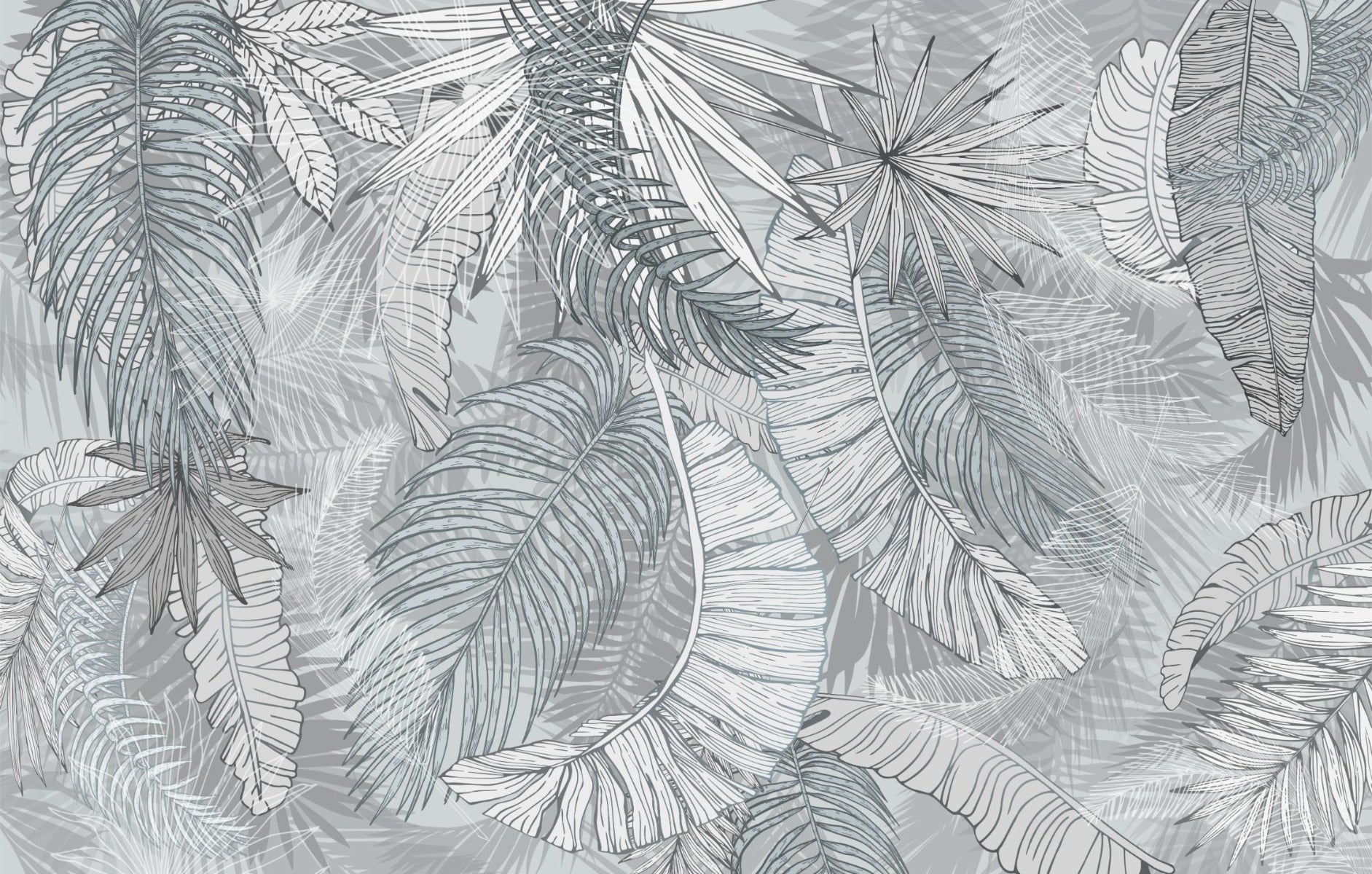 Grey & White Charcoal Leafy Illustrated Wallpaper Murals