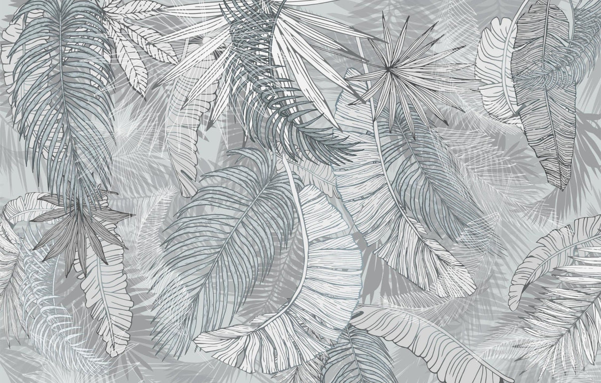 Grey & White Charcoal Leafy Illustrated Wallpaper Murals in your room — zoomed