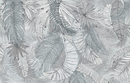 Grey & White Charcoal Leafy Illustrated Wallpaper Murals