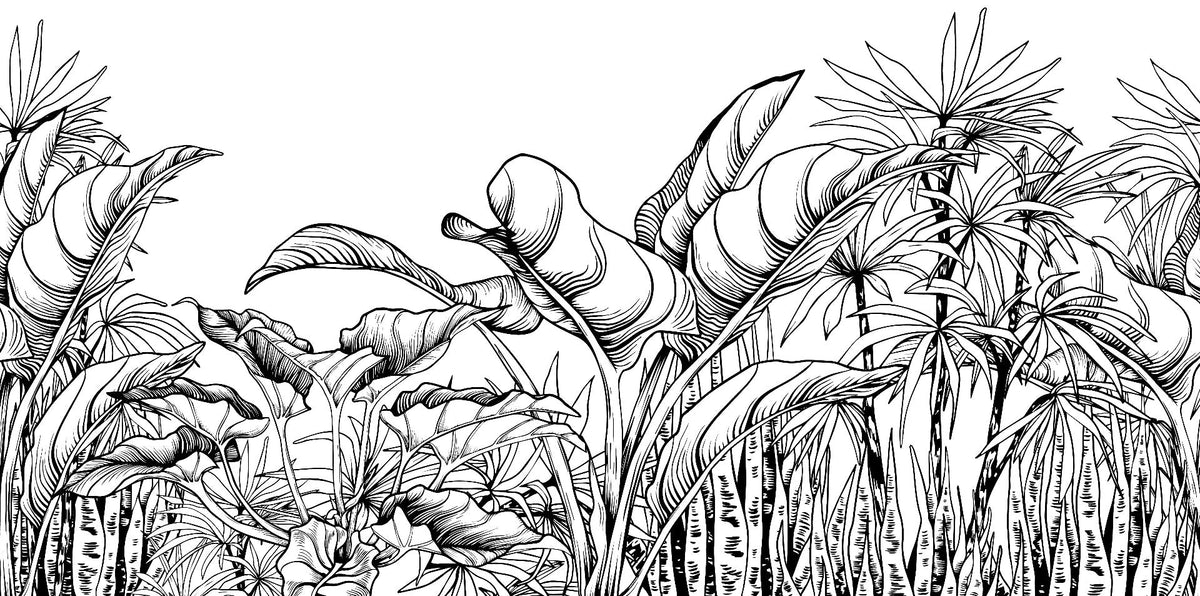Black & White Big Tropical Leaves Wallpaper Mural in your room — zoomed