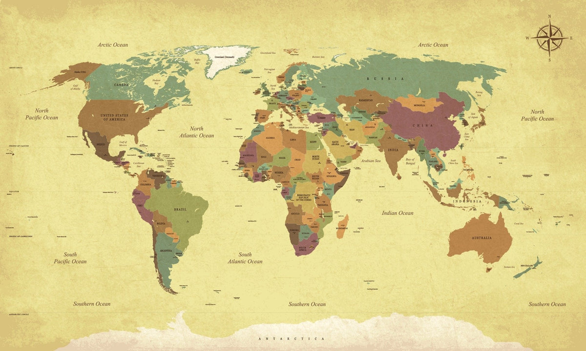 World Map Vintage Wallpaper Mural in your room — zoomed