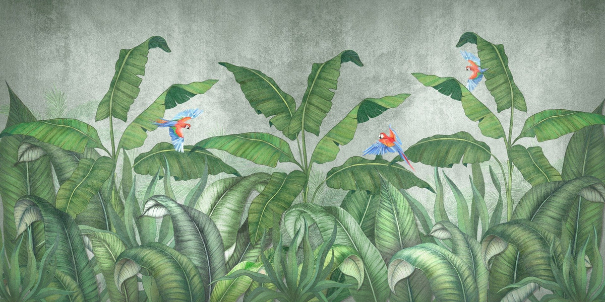 Green Plantains & Parrots Wallpaper Mural in your room — zoomed