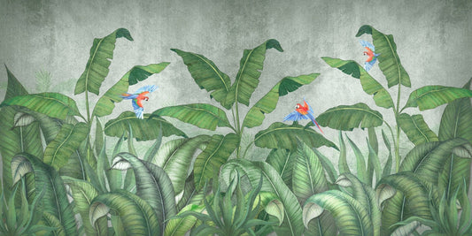Green Plantains & Parrots Wallpaper Mural