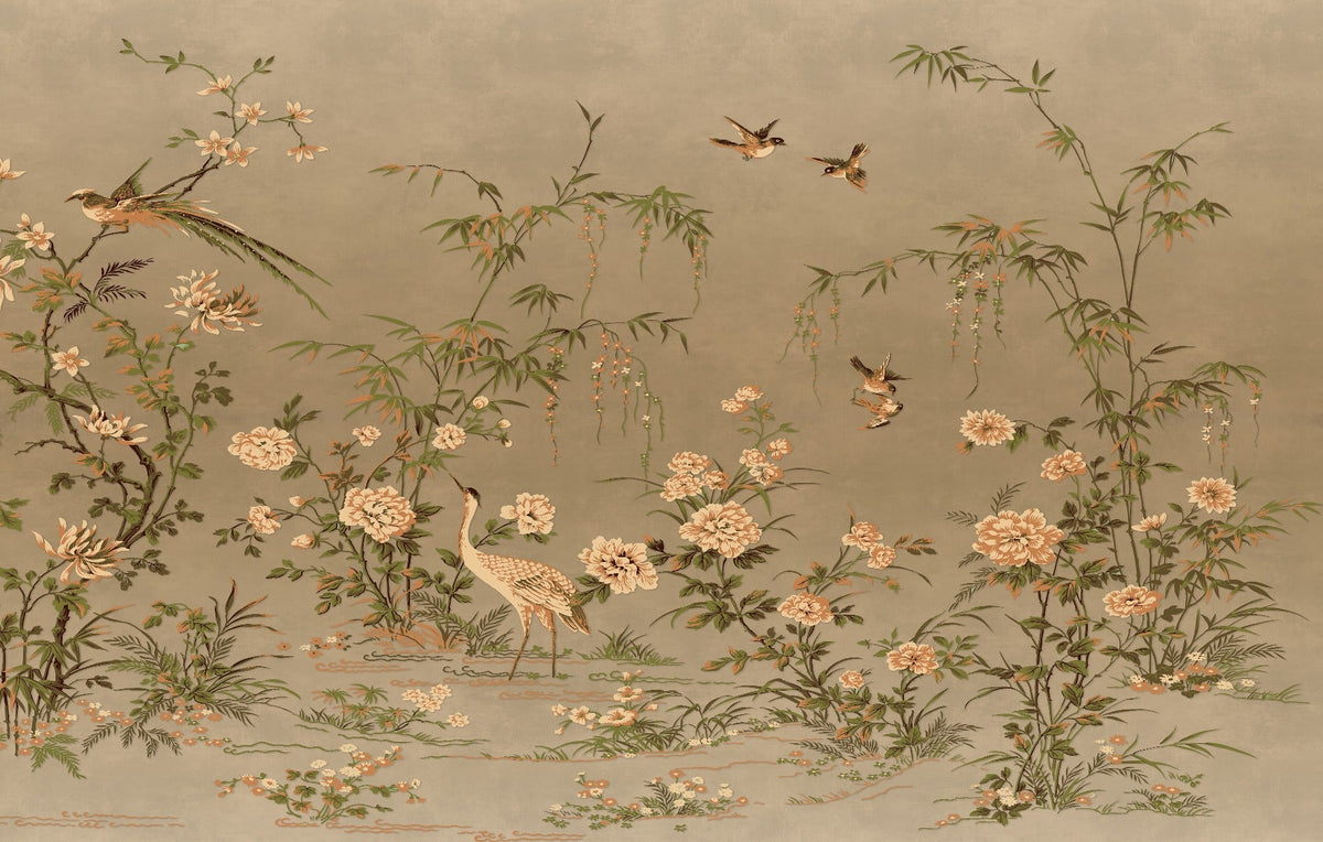 Brown Chinoiserie Wallpaper Mural in your room — zoomed
