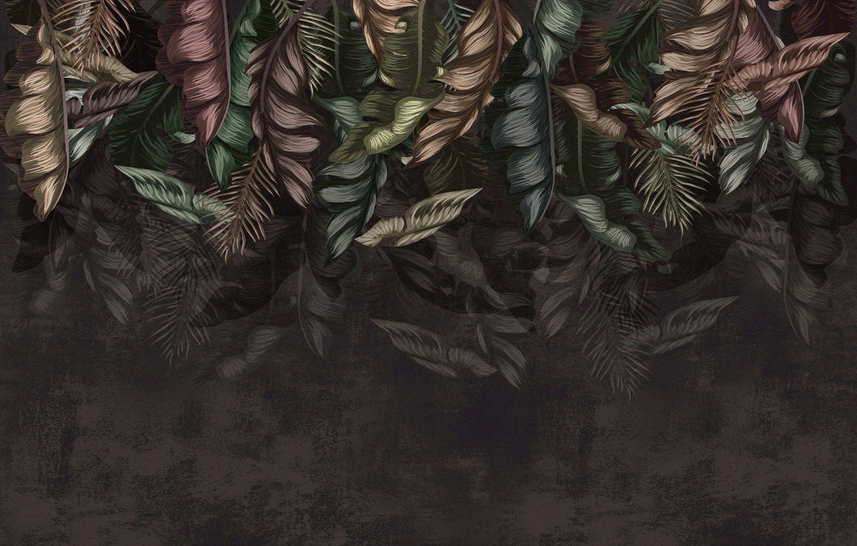 Dark Hanging Tropical Leaves Wallpaper Mural in your room — zoomed