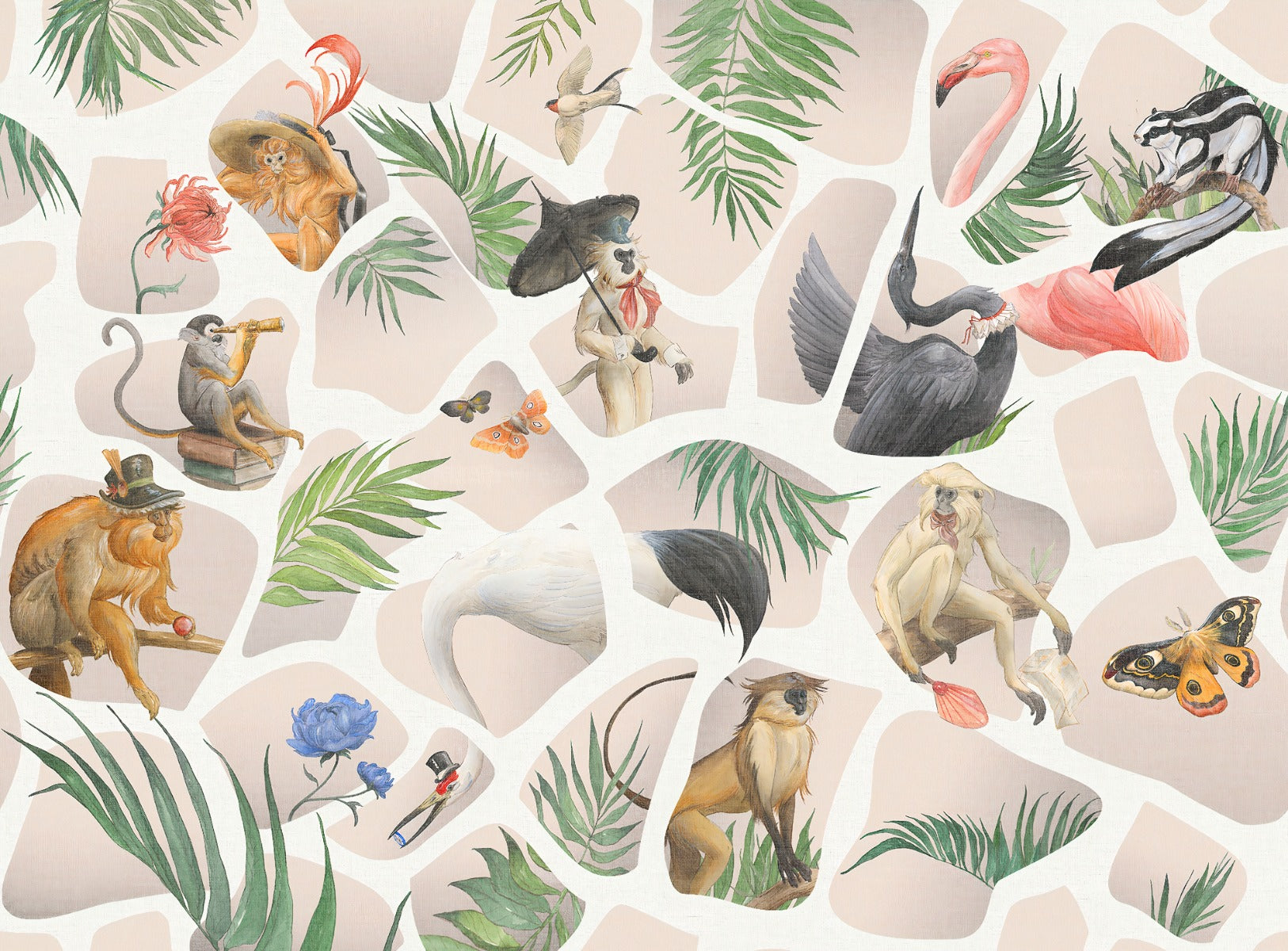 Watercolour light pink Monkey & Birds wallpaper mural in your room — zoomed