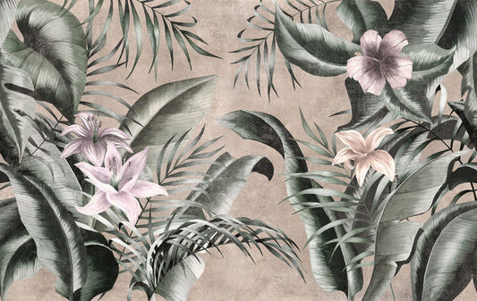 Gray background Floral Large Green Leaves Wallpaper Mural