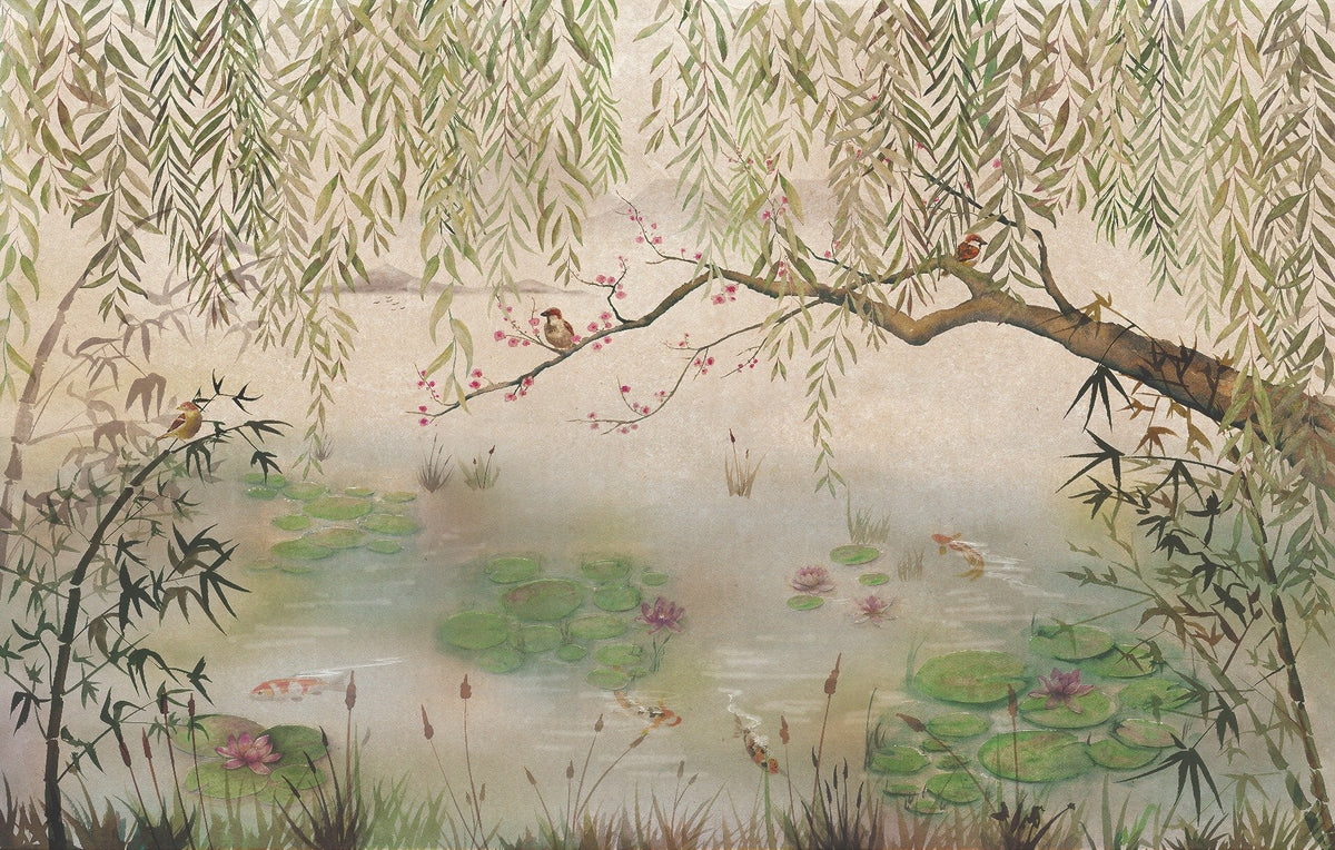 Green Hanging Leaves and Birds Wallpaper Murals in your room — zoomed