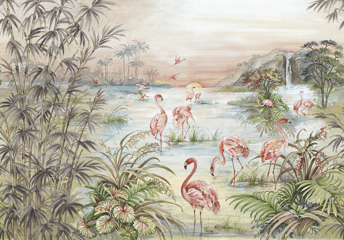 Watercolour Flamingos Wallpaper in your room — zoomed