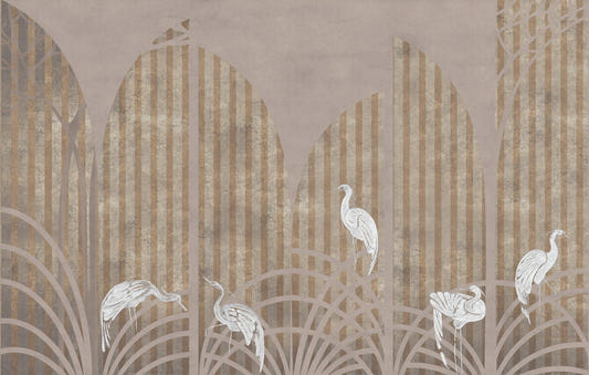 Art Deco Golden Striped Pattern White Crane Wall Mural