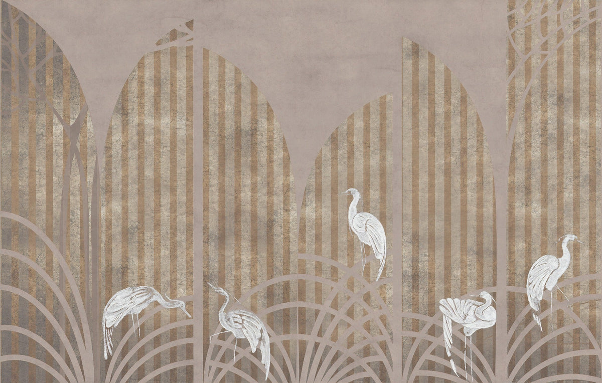 Art Deco Golden Striped Pattern White Crane Wall Mural in your room — zoomed
