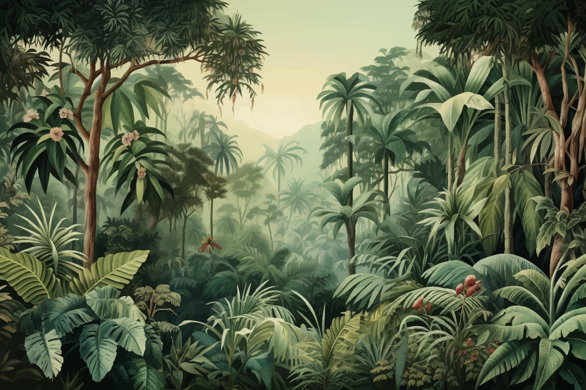Misty Forest Colorful Tropical Scene Tree Wallpaper Mural