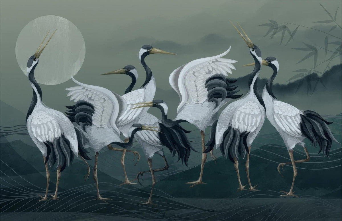 Elegant Crane Birds Wallpaper in your room — zoomed