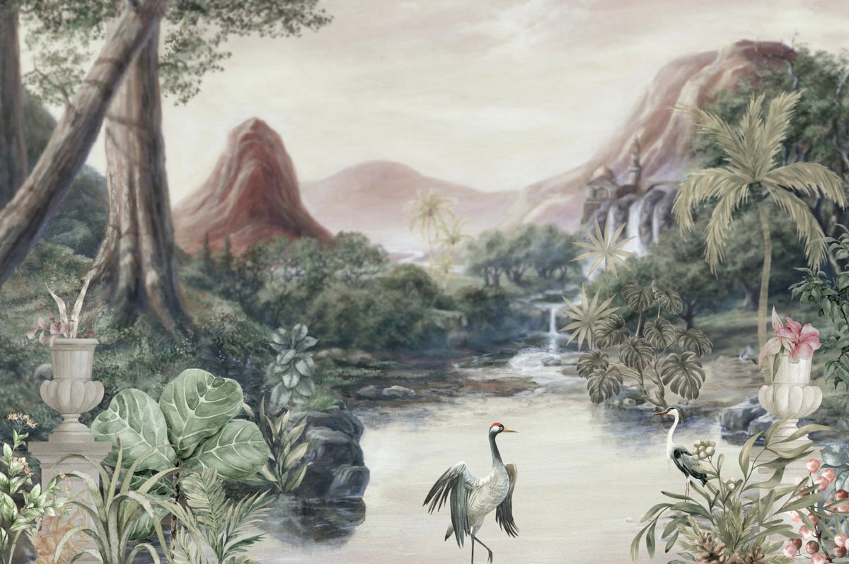 Natural Lining Serene Lake Crane Birds Wall Mural