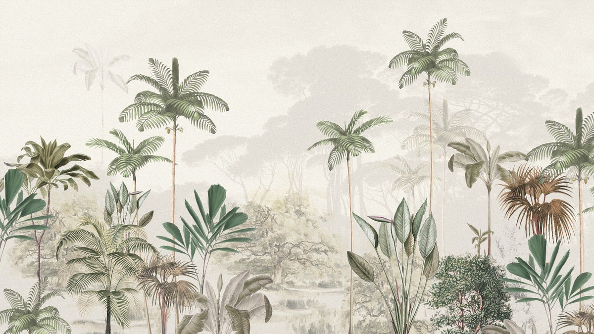 Tropical Trees White Tone Mural Wallpaper in your room — zoomed