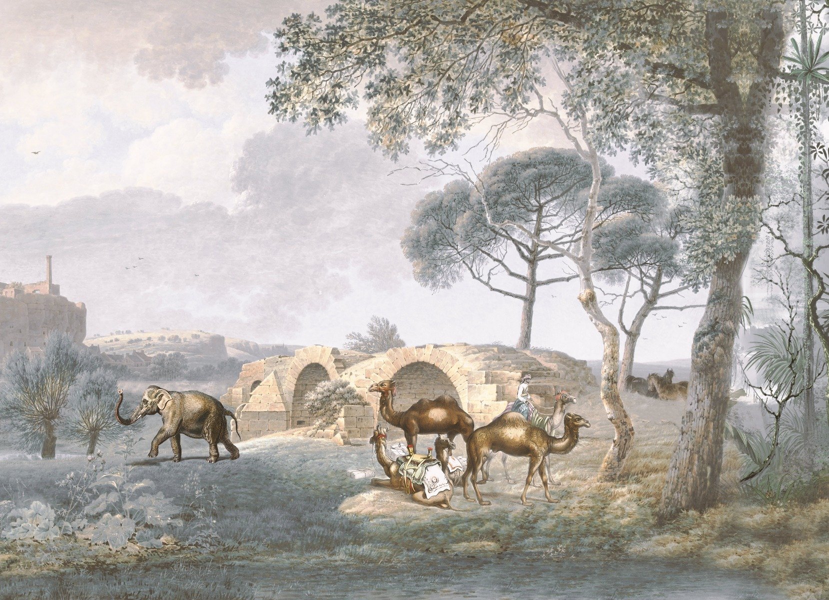 Garden view with Birds and Camels Wallpaper