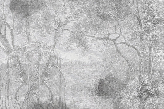 Gray Color Sketch Forest Wallpaper Murals for a Natural Look