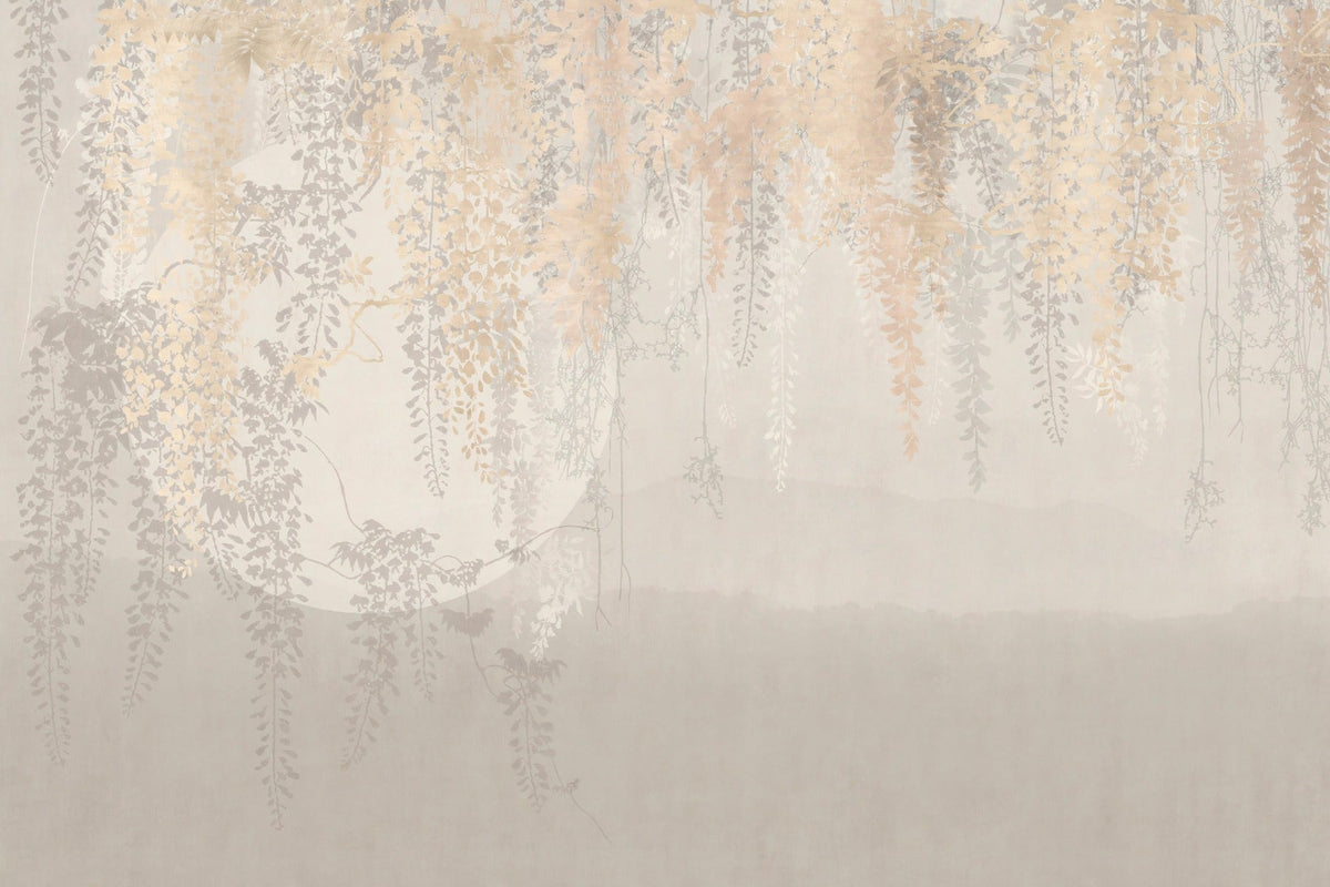 Nature's Harmony Gold and Grey Leaf Wallpaper Mural