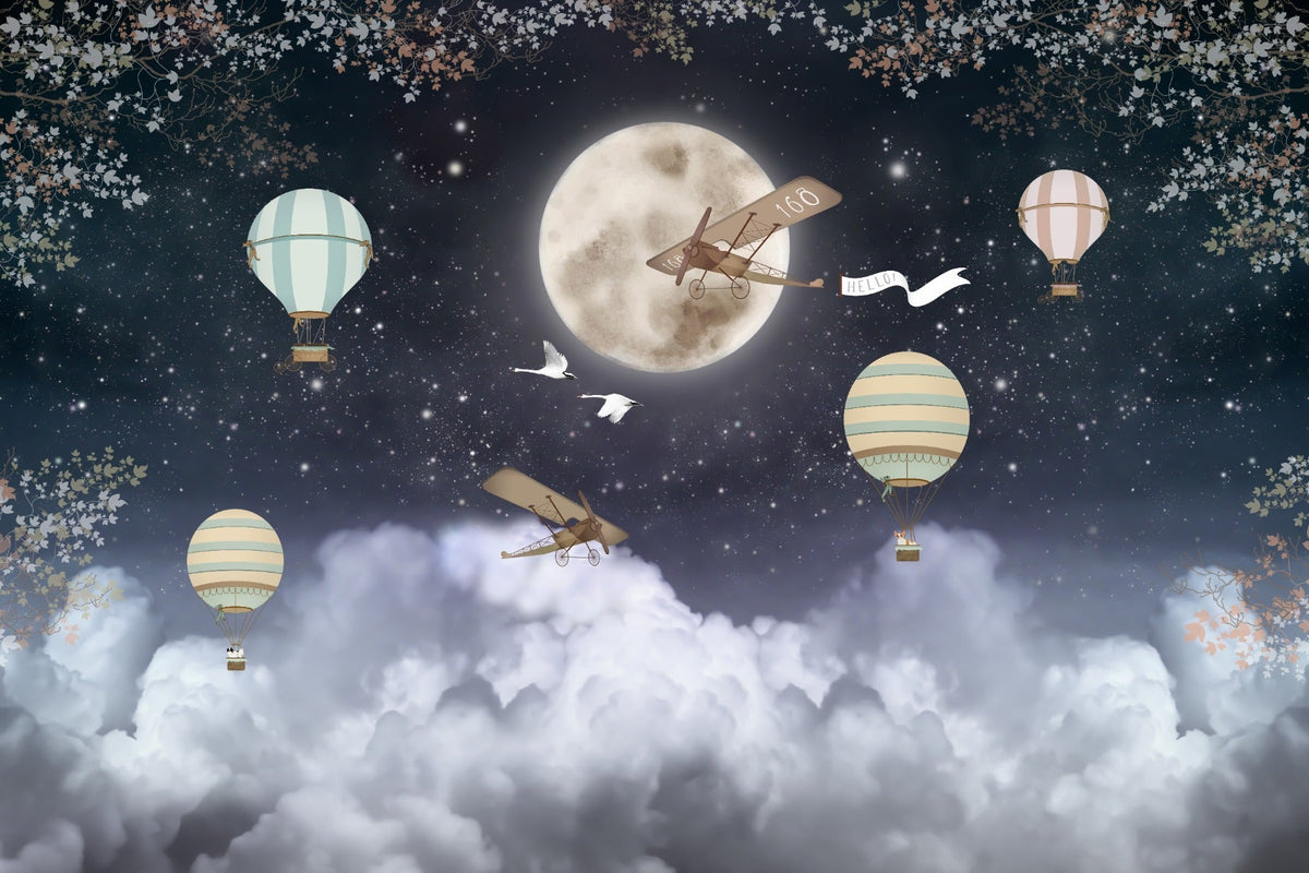 Shinny Stars Night Hot Air Balloons Wallpaper in your room — zoomed