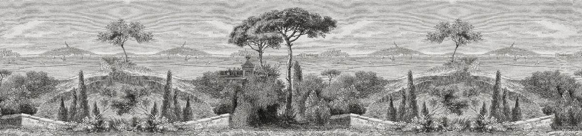 Sketchy Black & White River View Forest Tree Wallpaper in your room — zoomed